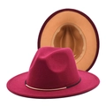 Detail of burgundy wool fedora featuring dual-color design and golden metal buckle band - Wine Red & Camel
