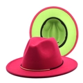 Detail view of fuchsia and lime green contrast wool fedora with gold metal trim - Rose Red & Fruit Green