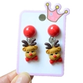 Festive Christmas reindeer earrings with red bow and ball stud shown on display card - Style 11 Bowtie Reindeer Dangle