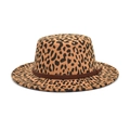 Flat top leopard print wool fedora hat with a brown woven decorative belt on white background - M (56-58cm) / Camel