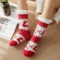Winter red and white reindeer pattern thermal floor socks with plush sherpa lining - Red Christmas Deer