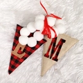 Christmas buffalo plaid and burlap letter E M triangle banner flags with pompoms - Triangle with Pom-poms