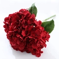 Deep red artificial hydrangea bouquet with realistic silk petals and green leaves - Red