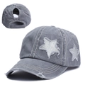 Grey distressed ponytail baseball cap with glittery star patch and frayed edges - Gray