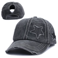 Charcoal grey vintage distressed ponytail baseball cap with black star patches and silver coating - Black