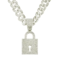 Macro shot of silver hip hop iced out lock pendant with rhinestones on Cuban link chain - Lock Style 50cm Cuban Chain / Silver