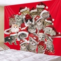 Christmas wall tapestry with red background and multiple kittens wearing festive Santa hats - Red Cat Collage