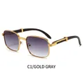 Retro square sunglasses with gold metal frame, wood grain temples and grey gradient lenses - Gold Frame Double Gray Lenses (C1)