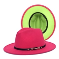 Detail of wool fedora hat with rose red exterior and neon green brim with metal buckle - Rose Red & Fruit Green