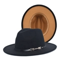 Detail of wool fedora hat featuring a decorative leather band with a silver metal buckle - Black & Camel