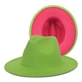 Green and pink two-tone felt fedora hat with wide brim for men and women - M (56-58cm) / Fruit Green & Rose Red
