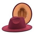 Detail view of burgundy and camel two-tone wool felt fedora hat with wide flat brim - M (56-58cm) / Wine Red & Camel
