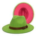 Detail of neon green wool fedora with rose pink interior and brown leather buckle strap - M (56-58cm) / Fruit Green & Rose Red