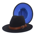 Close-up of wool fedora hat featuring a brown leather belt with silver metal buckle - M (56-58cm) / Black+Royal Blue