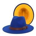 Royal blue wool fedora detail showing contrast yellow interior and brown leather band - M (56-58cm) / Royal Blue & Yellow