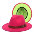 Detail of wool fedora hat featuring rose pink crown and neon green brim contrast - M (56-58cm) / Rose Red & Fruit Green