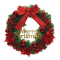 Couronne de Noël classique avec fleurs rouges, signe doré et nœuds rouges brillants - 40CM