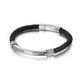 Bracciale da uomo in pelle nera intrecciata con metallo lucido e diamanti incastonati - 21cm / Pelle Nera Colore Acciaio (KB112075-K)