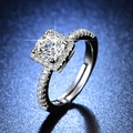 Macro shot of silver adjustable ring with square halo moissanite and pave band detail - Y094【1 Carat Cushion Cut】