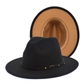 Detail view of black and camel fedora hat featuring a leather strap with metal buckle - M (56-58cm) / Black & Camel