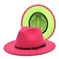 Detailed shot of two-tone wool felt fedora in rose red and neon green with buckled belt - M (56-58cm) / Rose Red & Fruit Green
