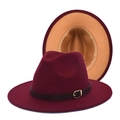 Detail of burgundy wool fedora with black leather belt and gold buckle accent - M(56-58cm) / Burgundy Exterior Camel Interior