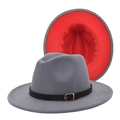 Two-tone wool fedora hat showing grey exterior and red interior with belt buckle detail - M(56-58cm) / Outer Grey Inner Red Two-Tone