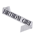 Primer plano de banda plateada brillante con texto impreso Birthday Girl en negro - Plata Cumpleañera