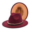 Detail of burgundy wool fedora featuring golden chain trim and khaki inner lining - M (56-58cm) / Wine Red and Camel Contrast