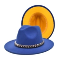 Detail of royal blue fedora hat with gold chain and contrasting yellow lining - M (56-58cm) / Royal Blue and Yellow Contrast