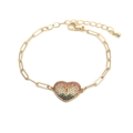 Adjustable golden Cuban link bracelet with rainbow zircon heart pendant on white surface - Heart D / Gold/Rainbow Heart