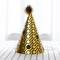 Cone-shaped party paper hat with gold and black hexagonal pattern and tinsel pompom - Black Hexagon Pattern