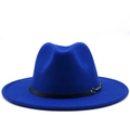 Royal blue wool fedora hat with black leather belt and silver buckle on white background - Blue