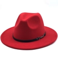 Detail of red fedora hat featuring a black leather band and silver metal buckle - Red