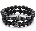 Matte black stone bead bracelet set with silver crown charms and micro-inlaid rhinestones - Crown Double Black Set (4 Black+Black)