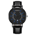 Montre homme Geneva avec bracelet cuir noir, index bleus et affichage de date - Aiguilles Bleues Cadran Noir Boîtier Noir Bracelet Noir