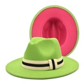 Détail du chapeau fedora vert néon avec doublure rose vif et ruban rayé - M (56-58cm) / Vert Fruit & Rose Rouge