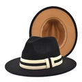 Détail du chapeau fedora classique en laine noire avec ruban rayé et vue intérieure - M (56-58cm) / Noir & Camel