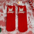 Festive red Christmas crew socks featuring a 3D cartoon bear and plush white pom-poms - One Size / Standard / Red Grey Scarf Bear