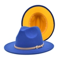 Detail of wool felt fedora with royal blue exterior and yellow brim contrast and buckle - Royal Blue & Yellow