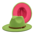 Detail of green fedora hat featuring a contrasting pink lining and brown leather buckle strap - M (56-58cm) / Fruit Green & Rose Red