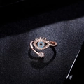 Rose gold adjustable Evil Eye ring with blue stone and sparkling zircon accents - Adjustable Open / Rose Gold