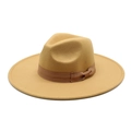 Classic camel wool fedora hat with a wide brim and decorative ribbon on a white background - M (56-58cm) / Camel