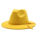 Classic bright yellow wool fedora hat with flat wide brim and matching decorative band - M (56-58cm) / Yellow