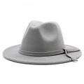 Close-up of the smooth texture and buckle detail on a grey wool wide-brim fedora hat - M (56-58cm) / Light Gray