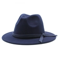 Close-up of deep blue wool felt wide brim fedora hat with matching ribbon and bow detail - M (56-58cm) / Navy Blue