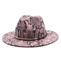 Detailed view of pink wool fedora hat featuring black python print and gold metal band - M (56-58cm) / Pink