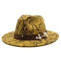 Cappello fedora giallo serpente con fascia leopardata e perle bianche da donna - M(56-58cm) / Giallo