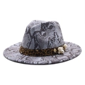 Cappello Fedora con stampa serpente grigia, nastro leopardato e perle decorative - M(56-58cm) / Blu