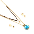 Double-layered gold necklace set with blue gemstone pendant and pearl earrings - Blue Faceted Style (KS136437-Z)